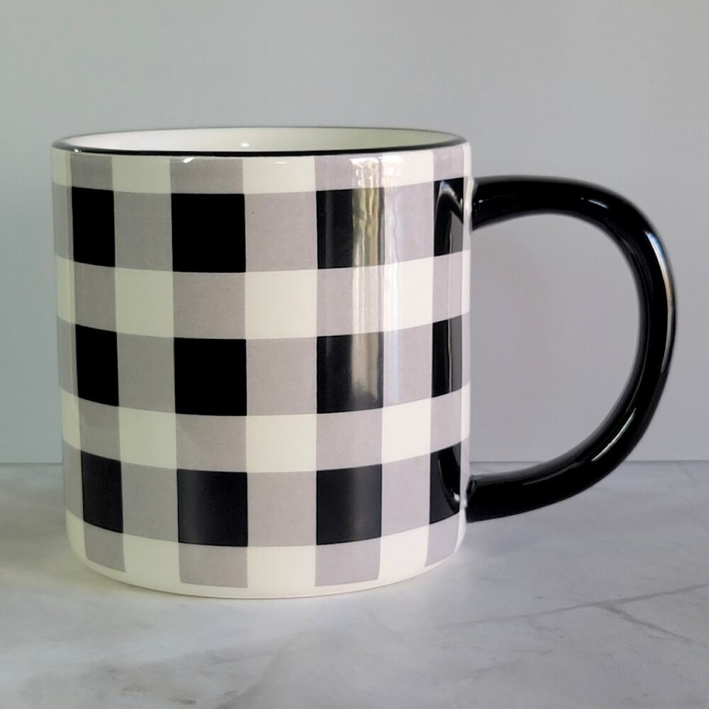 ROBERT STANLEY Black & White Buffalo Plaid Large Ceramic Coffee Mug Farmhouse - Picture 2 of 11